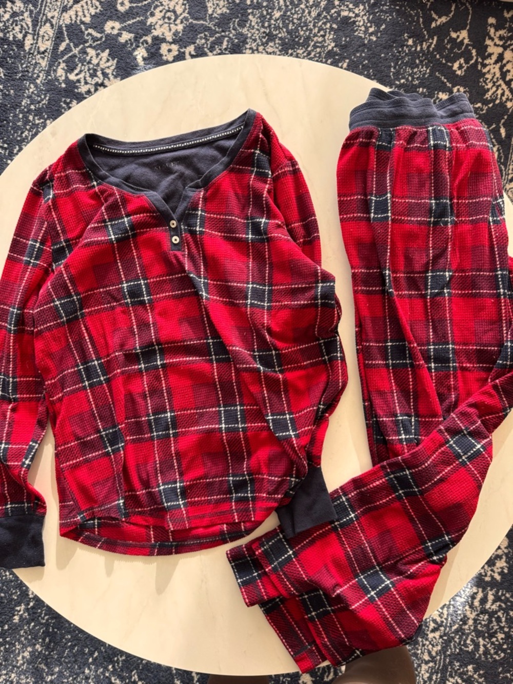 Nautica Red Plaid Henley Long Sleeve Pajama Set Button Knit M cozy winter pjs